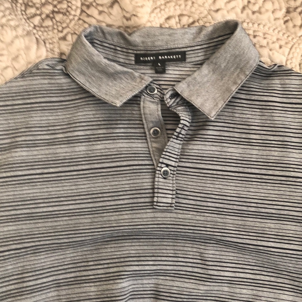 Grey and black striped men’s polo